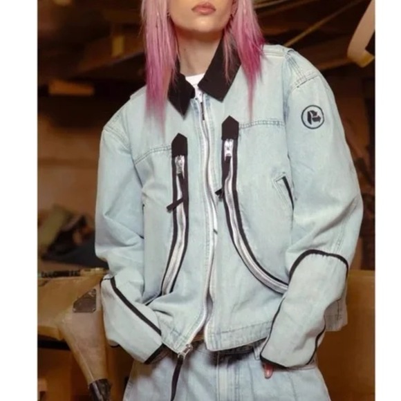 CAT UO Reclaimed Denim Jacket Small Upcycled Workwear Streetwear Zip Utility - Picture 1 of 16